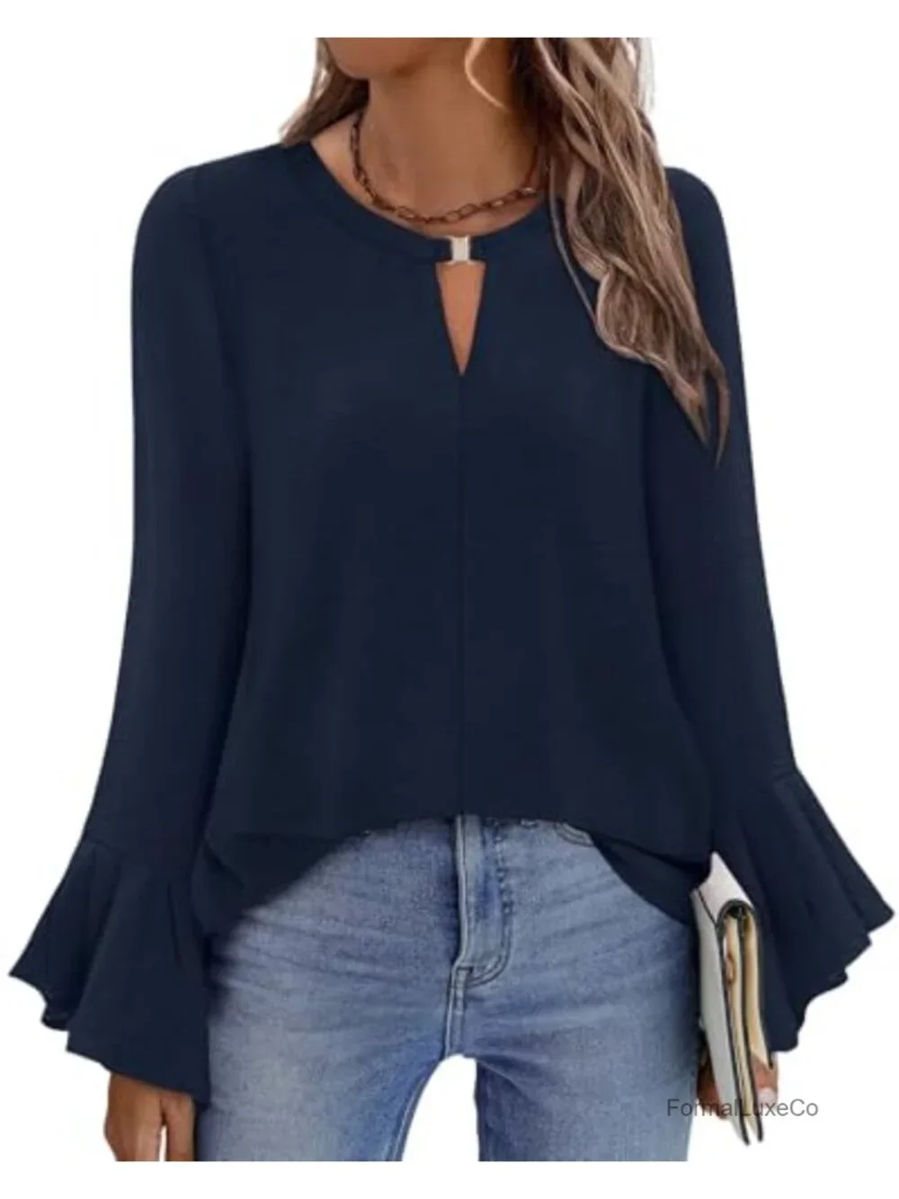 Women's Polyester Long Sleeve Tunic Blouse Casual Crew Neck Loose Fit Top